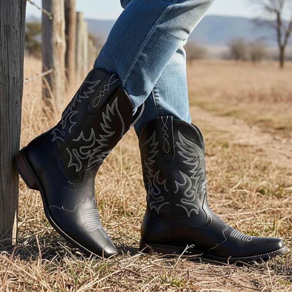 NEW! Cowboy Boots for Men Western Square Toe Embroidered Cowboy Boots Black